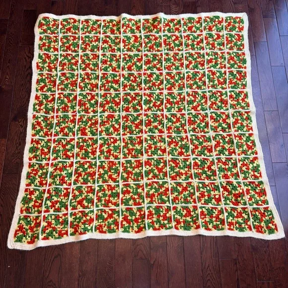 Vintage 1970s Hand Crochet Green Orange Yellow White Afghan Cottagecore Blanket